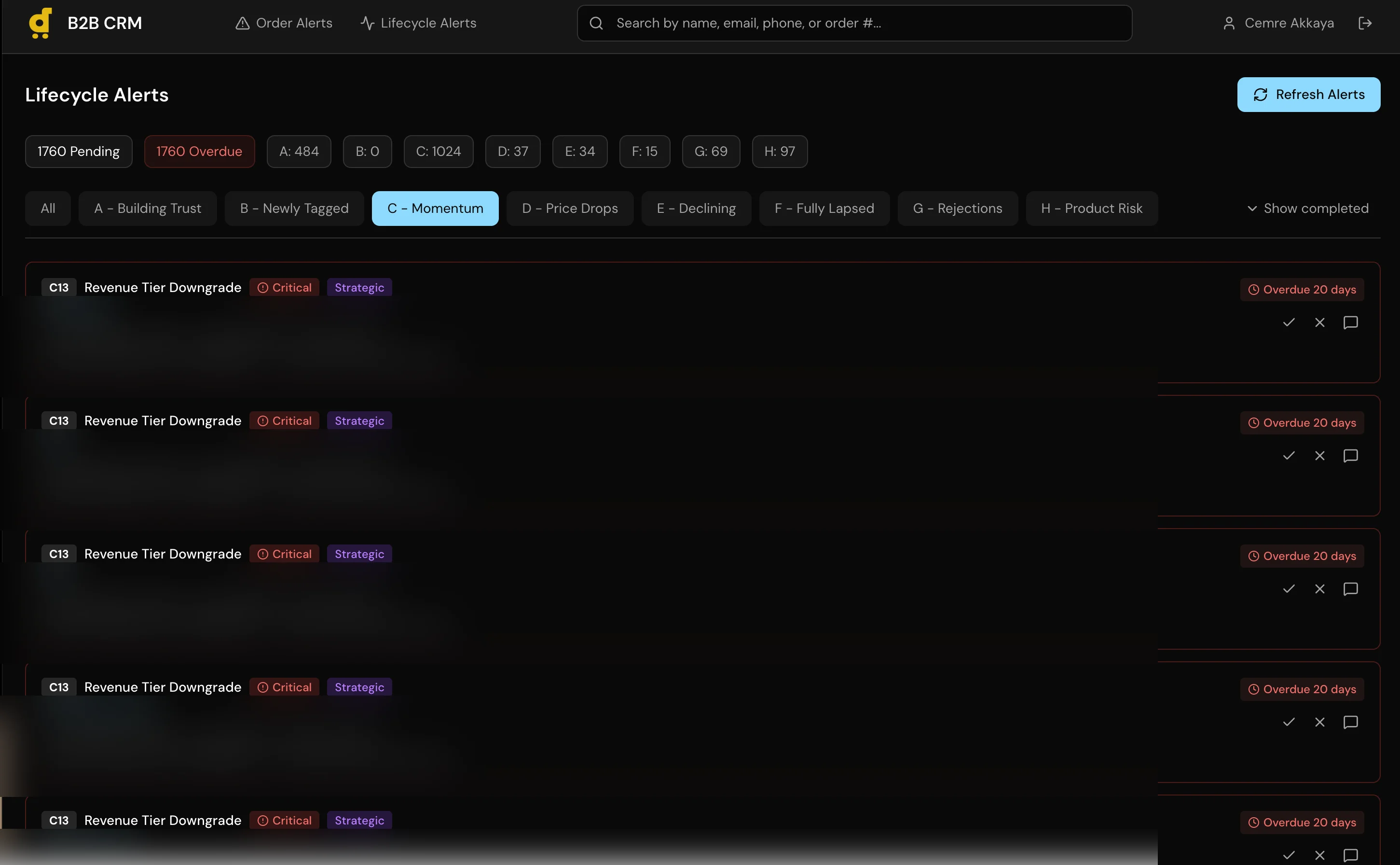 Lifecycle alerts showing revenue tier downgrade risks