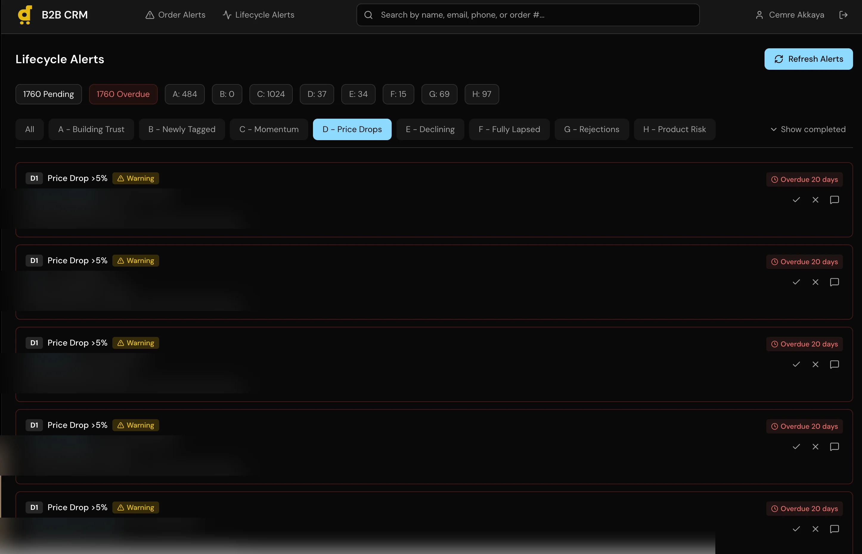 Lifecycle alerts showing price drop notifications