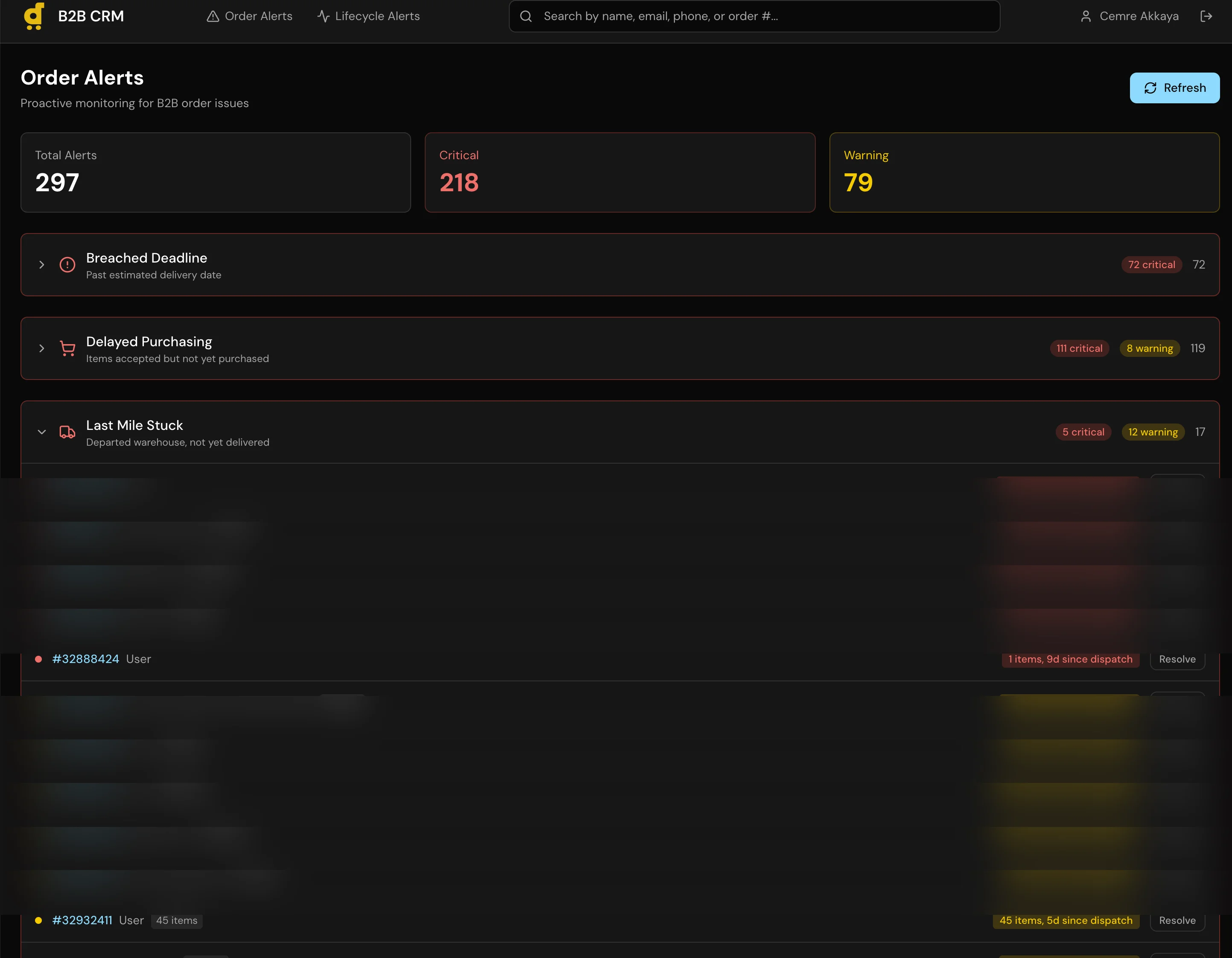 Order alerts dashboard with Last Mile Stuck expanded