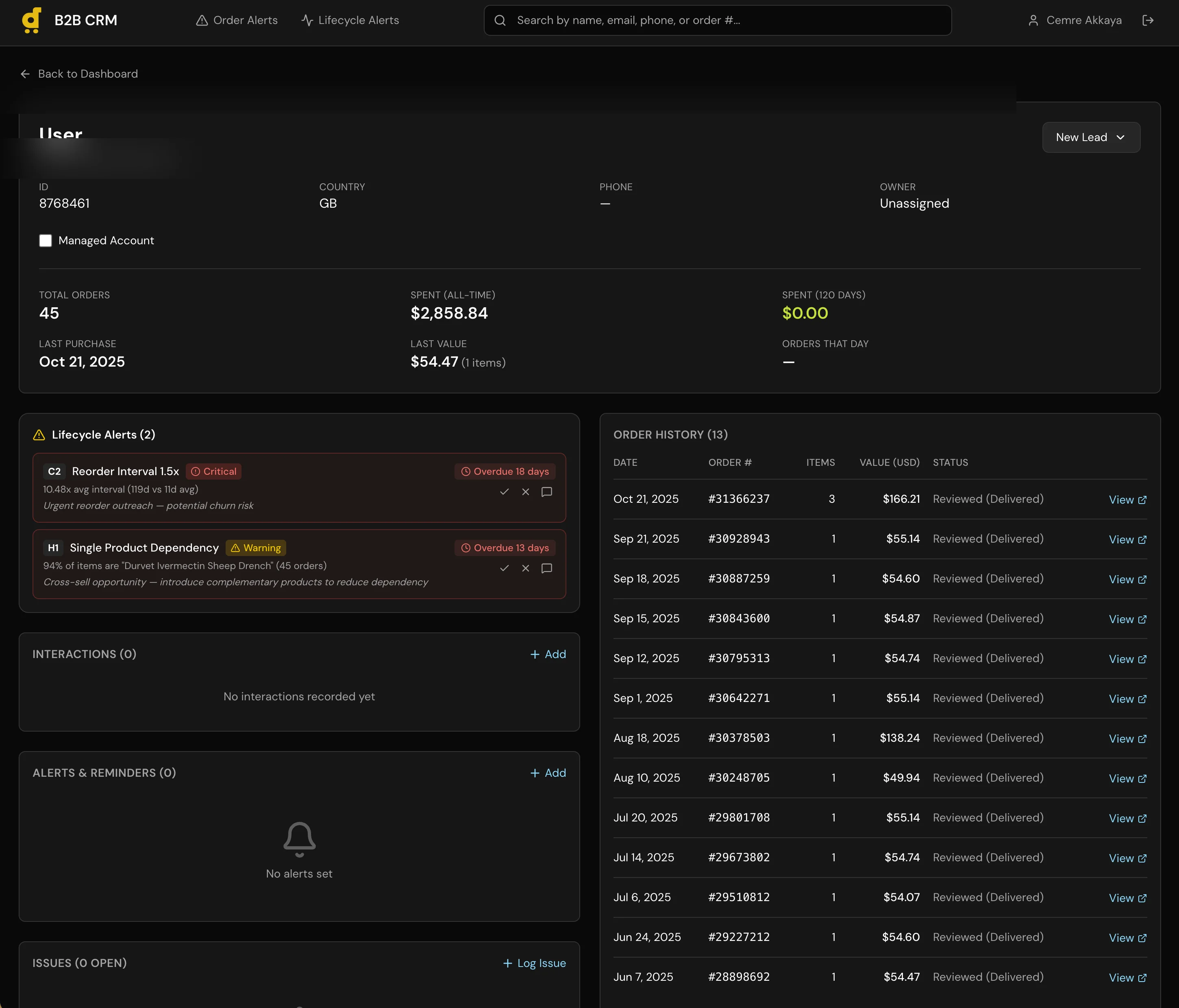 B2B customer profile with full order history
