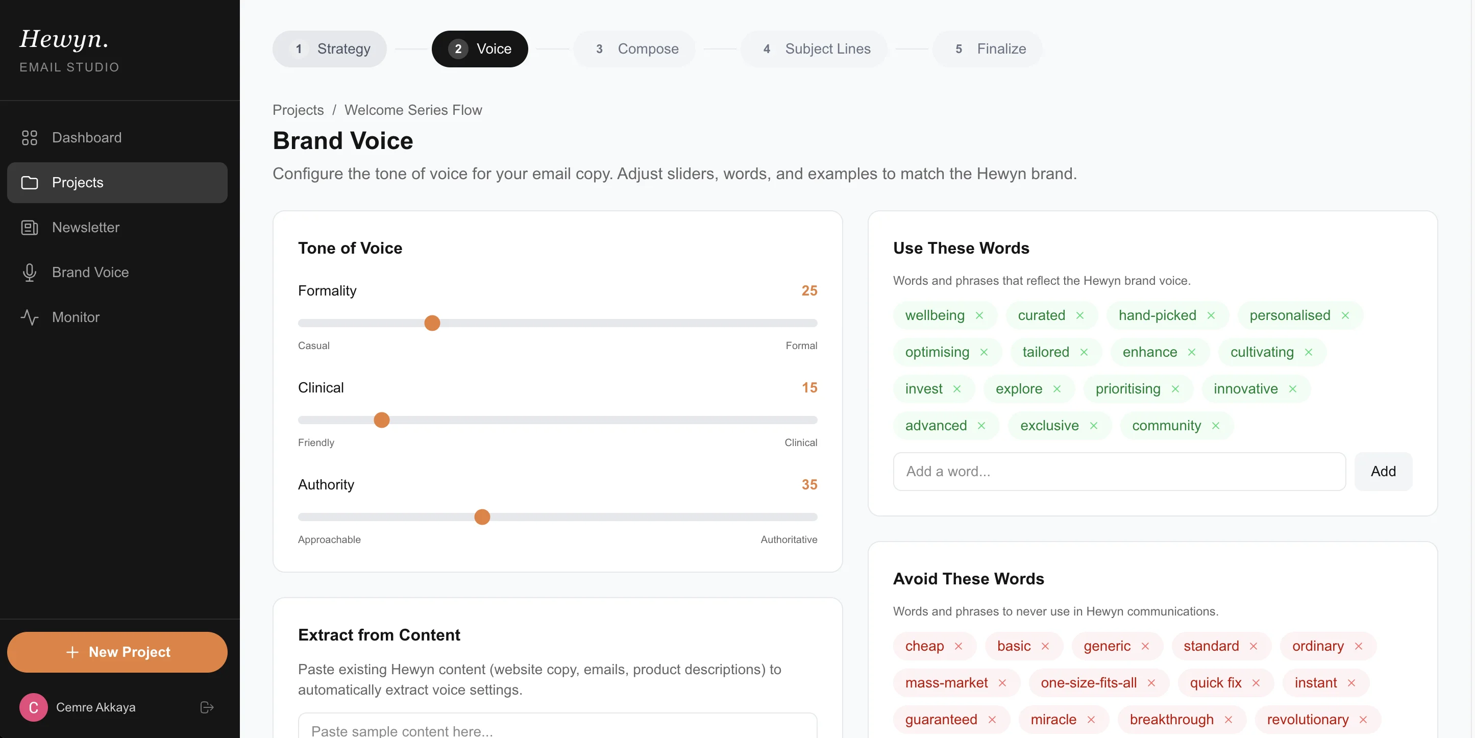 Brand voice configuration panel