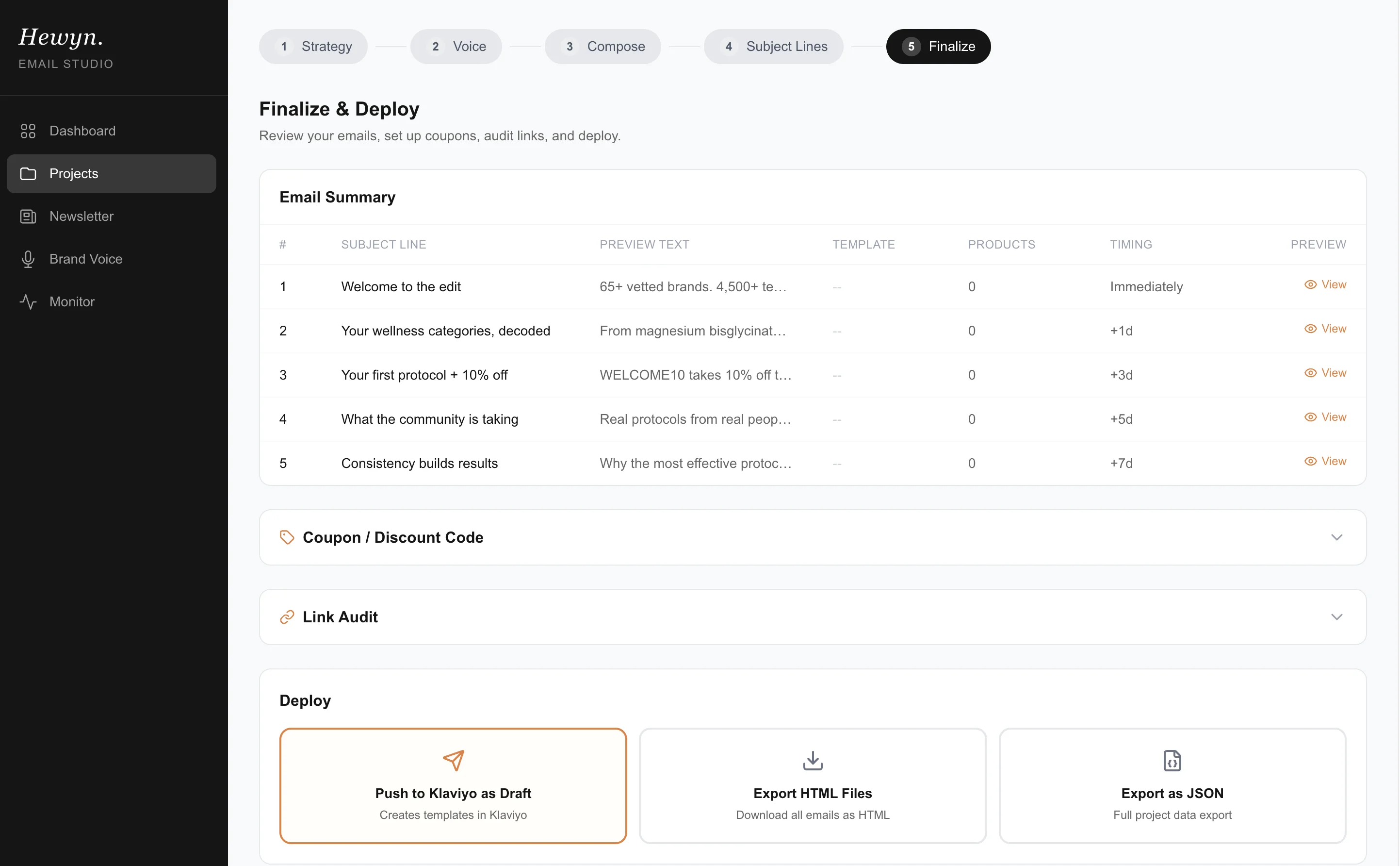 Finalize and deploy screen with Klaviyo export