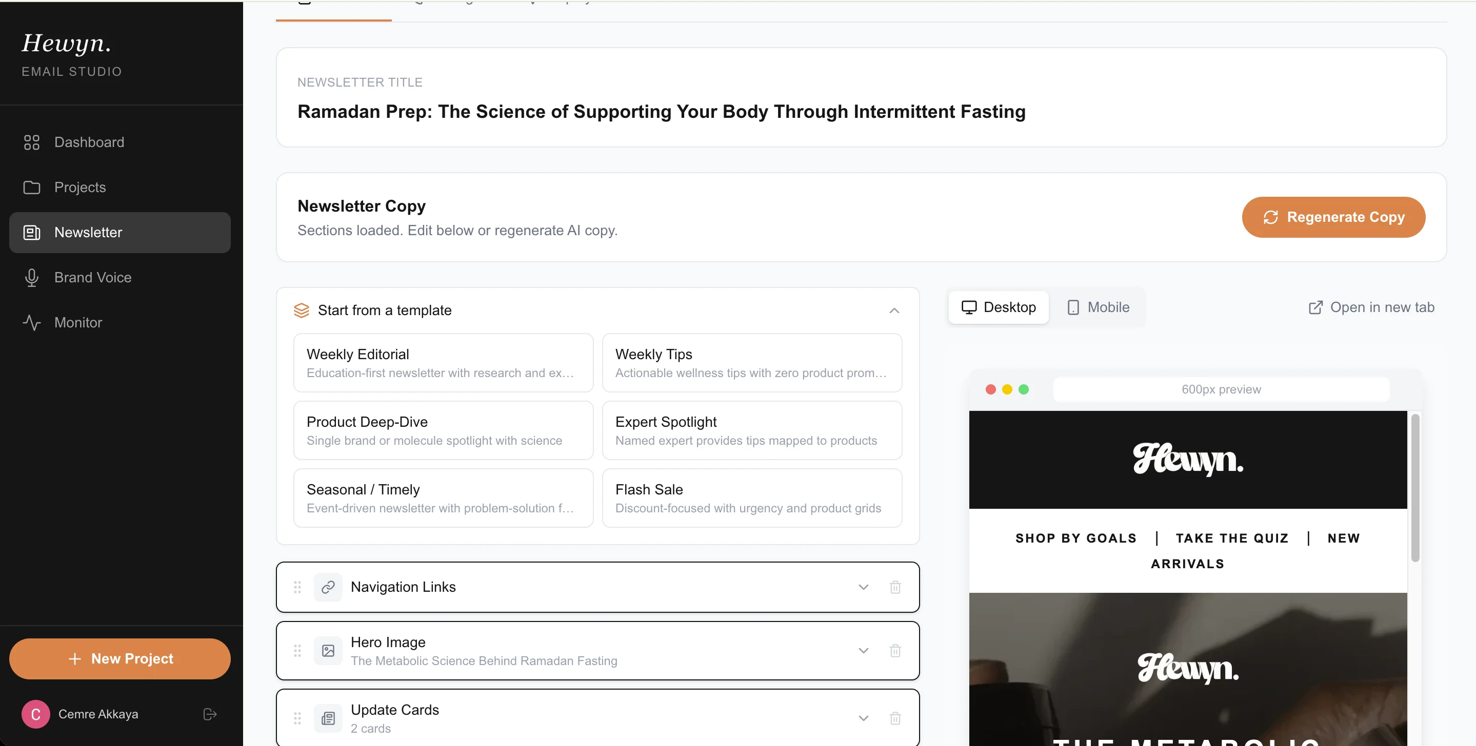 Newsletter title and email composition interface